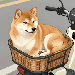 A Shiba Inu curled up in the basket of a motorcycle, illustrated by Beatrix Potter
