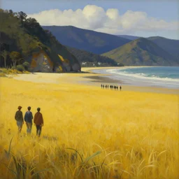 amazing vast scenery, group of human figures in the distance for scale, golden bay new zealand, abel tasman, surrealist landscape painting