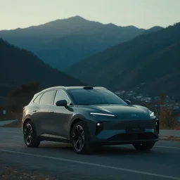 still from a car commercial. cinematic lighting, mountains in the background.