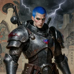 portrait of gothic and futuristic young man, warhammer, cyberpunk armor, a lot of scars, thunderstorm, blue head, green eyes, some red and purple, the middle ages, highly detailed, artstation, in the style of moebius, jugendstil and classic japanese print, art by rene magritte and jean delville