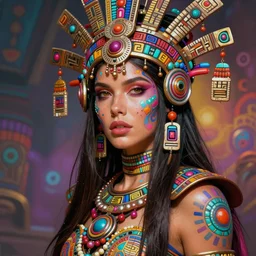 hyper detailed ultra sharp aztec underworld warrior trance girl, beautiful face, kate beckinsale. trending on artstation, warpaint aesthetic, earthwave, colorful, neon, ornate, intricate, digital painting, concept art, smooth, sharp focus, illustration, art by artgerm and greg rutkowski and h. r. giger, 8 k