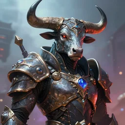 a close up portrait of a shadow mage with a massive taurus headpiece protruding from a sci fi armor, majestic, high detail, cyber - medieval, ornate metal, unreal engine, octane render, art by vitaly bulgarov artstation, destiny concept art, fog volumes, pinterest hard surface, vibrant dual tone colors, cgsociety