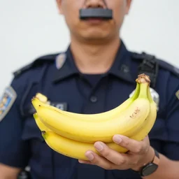 closeup portrait of police guns are bananas, police holding banana, photograph, natural light, sharp, detailed face, magazine, press, photo. steve mccurry, david lazar, canon, nikon, focus