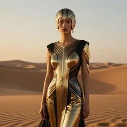 innovative avant - garde art, deco fashion, asian women, highly detailed, photorealistic portrait, serene desert setting, golden hour, crisp quality and light reflections, rule of thirds, volumetric lighting, confident, moody, octane render
