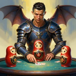 The Cristiano Ronaldo and matryoshka plays poker with a bat, highly detailed, digital painting, artstation, concept art, smooth, detailed rusty armor, sharp focus, dystopian, cinematic, videogame cover art, illustration, fantasy, blue and yellow color theme, art by Artgerm and Greg Rutkowski and Alphonse Mucha