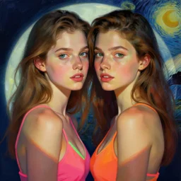 portrait of two beautiful girls, intimate, vibrant colors, beautiful face, rule of thirds, neon bathing suits, spotlight, by greg rutkowski, by jeremy mann, by francoise nielly, by van gogh, digital painting