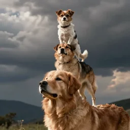 a small dog on top of a medium sized dog on top of a big dog.