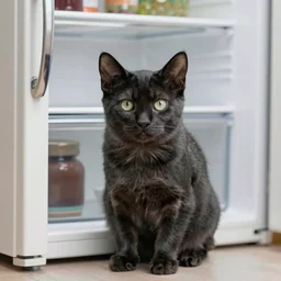 a bat kitten, sitting in front of a fridge, photo taken by a nikon, very detailed, 4k