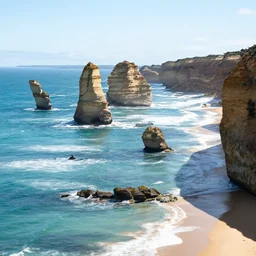 twelve apostles rocks, direct sunlight, clean water, reflections