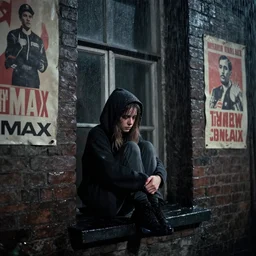 at night, sadie sink in hoodie sits on windowsill, knees tucked in | rain falls, old brick wall with ussr propaganda posters : imax b & w film stock, anamorphic, single long shot from schindler's list by steven spielberg. cyberpunk, photorealistic, cinematic atmosphere, detailed and intricate, perfect anatomy