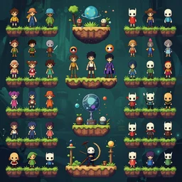 a kitbash set of characters in a  spritesheet game assets. Style of   Ori and the blind forest, SOTN, wonder boy, dead cells, hollow knight.   separated modular  plataforms, kit bashing, 4K, Retrofuturism, Studio Ghibli, Simon Stålenhag
