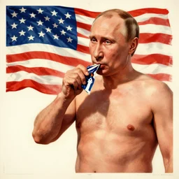 shirtless putin eating american flag, vintage soviet propaganda poster art