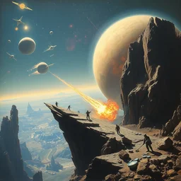 a painting by john harris, barlowe wayne, maxfield parrish, gustave dore and marco mazzoni. on the edge of the solar system, various space civilizations are fighting fiercely. hyper detailed.