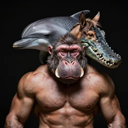 portrait on black background of muscular animal human merged head dolphin skin, scales, merged with monkey head, hippo face morphed, gills, horse head animal merge, morphing dog head, merging crocodile head, anthropomorphic creature