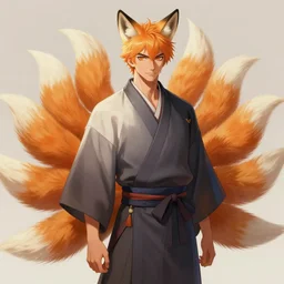An beautiful digital painting of a man with fox ears and nine tails wearing a kimono, by Stanley Artgerm Lau, WLOP, Rossdraws, James Jean, Andrei Riabovitchev, Marc Simonetti, and Sakimichan, tranding on artstation, SFW version