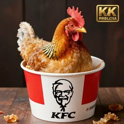 a living chicken in a kfc bucket, photorealistic, hyper detailed, 8 k resolution
