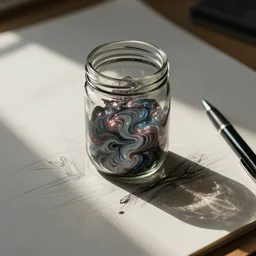 sketch of technical pen and glass canning jar of swirling ink shimmering on a desk, dramatic afternoon lighting, streaked and smudged, muted colors, heavy metal, by moebius