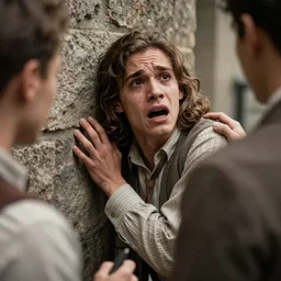 Photograph of an utterly terrified young man with long hair on the verge of panic tears cornered with his back against a stone wall. He is wearing a 1930s attire. He looks utterly panicked and distressed and is trying to protect himself from an assailant.