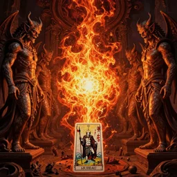 scorn, highly intricate matte painting centered painting of an infernal fire vortex, guarded by parallel demon sentinel statues, complex, tarot card, powerful, cinematic, beautifully lit, by john howe, zdizslaw beksinski, felix englund, karol bak, james jean, trending on cgsociety, octane render, 8 k