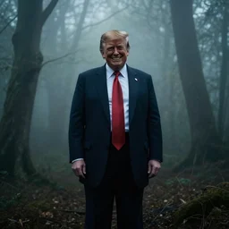 low quality iphone photo of donald trump standing ominously deep in the foggy woods with a demonic smile in his face, low visibility creepy
