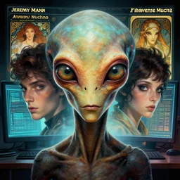 hyperrealist portrait of an ancient alien with large cruel intelligent eyes standing in front of a computer interface by jeremy mann and alphonse mucha and alan lee, fantasy art, photo realistic, dynamic lighting, artstation, poster, volumetric lighting, very detailed faces, award winning, full face, symmetry