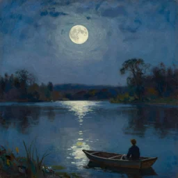 a painting of still lake under moonlight by john atkinson grimshaw and geogre inness, acrylic art, artstation hd