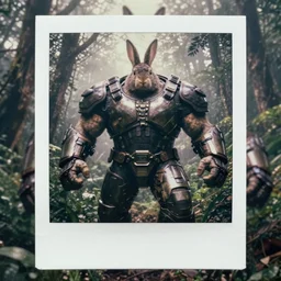 full shot!!!!! swat armor!! armored hulked oversized barbarian rugged rabbit!!!, fog, in deep jungle forest jungle, overcast!!! cinematic focus, polaroid photo, vintage, neutral colors, soft lights, overcast, foggy, full shot by steve hanks, by serov valentin, by lisa yuskavage, by andrei tarkovsky