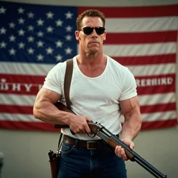 film still of John Cena as Nada wearing sunglasses and holding a shotgun with a bandolier in Bank with american flag behind him on screen right in They Live 1988