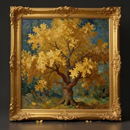 a small oak trees nestled in a forest, studio lighting, golden ratio, details, masterpiece, fine art, intricate, decadent, ornate, highly detailed, digital painting, octane render, ray tracing reflections, 8 k, featured, by claude monet and vincent van gogh