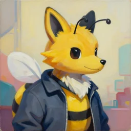 portrait painting an anthropomorphic bee fursona wearing a jacket and a collar, medium shot, asymmetrical, profile picture, organic painting, sunny day, matte painting, bold shapes, hard edges, street art, trending on artstation, by huang guangjian and gil elvgren and sachin teng
