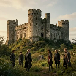 8 k film still, hyperdetailed matte panting of a castle in the style of dylan cole, cinematic, derelict, overgrown, golden hour.