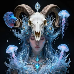 goddess macro shouler portrait from bottom to top in crown made of ram skull. betta fish, jellyfish phoenix, bioluminiscent, plasma, ice, water, wind, creature, super intricate ornaments artwork by tooth wu and wlop and anato finnstark and greg rutkowski
