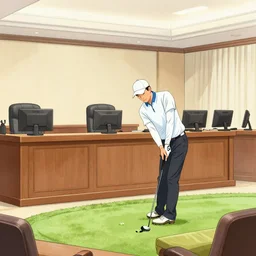 a man playing golf in a courtroom, court sketch