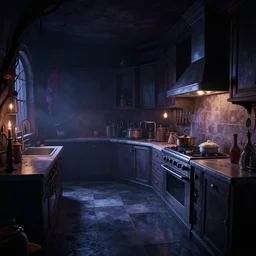 curved perspective digital art of a very dark kitchen from nightmare before christmas by petros afshar