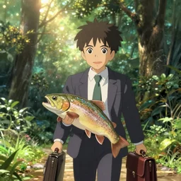 realistic trout in suit with briefcase on way to work, business fish, miyazaki, fish face, studio ghibli, movie still, lush background, cinematic, detailed, anime