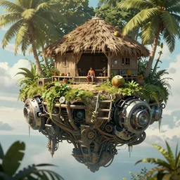 an concept art illustration, fantasy, a man on a large floating mechanical motor biome, coconut hut shack undergrowth, natural light, style by wlop, trending in artstation, cgsociety, octane render, ultra sharp, 8 k