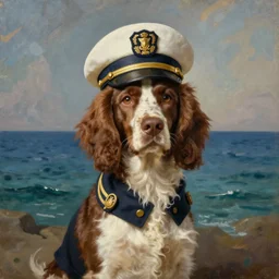 a painted portrait of a springer spaniel with brown fur, no white fur, wearing a sea captain's uniform and hat, sea in background, oil painting by thomas gainsborough, elegant, highly detailed, anthro, anthropomorphic dog, epic fantasy art, trending on artstation, photorealistic, photoshop, behance winner