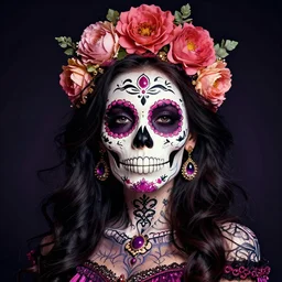 a gorgeous fancy skull lady by dan mumford and gil elvgren, sugar skull, hyperrealism, intricate details, exceptional beauty, fool, vector art, attractive, striking, lovely