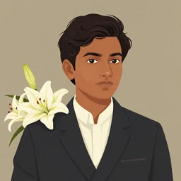 artwork by Enjolras Delphin, of a solo individual portrait of an Indian guy with lilies, dapper, simple illustration, domestic, nostalgic, full of details, Matte painting, trending on artstation and unreal engine