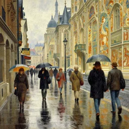 a beautifull intricate city, wet sidewalk, peoples, reflexions, raindrops, high details by william turner art, greg rutkowski and alphonse mucha, trending on artstation, very very detailed, masterpiece,