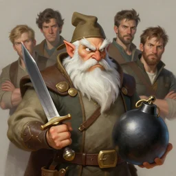 gnome with white beard, holding a dagger and bomb looking angry, dnd character art portrait, matte fantasy painting, deviantart artstation, by jason felix by steve argyle by tyler jacobson by peter mohrbacher, cinema