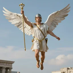 a full body image of Julian Assange  as Mercury the messenger of the Roman gods, wearing a helmet and sandals with attached wings. flying in the sky above the Olympus while carrying the Caduceus, hyperrealistic, highly detailed, depth of field, High definition, 8k,  octane render, artstation
