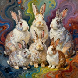fantastic extraordinary rabbit family into fluid infinity variations of colours mass, mid shot, norman rockwell, viktor safonkin, jeff dekal, larry elmore, intricate details, hyperrealistic oil painting on canvas, deep depth field, hd, hdr, 4 k, 8 k