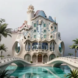 highly detailed futuristic architecture by Antoni Gaudí, reflective lighting, stylized vegetation, bridges, ground-level view, puddles of turquoise water, foggy atmosphere, stunning sunny lighting, sunrise, vivid colors, in the style of pixar animation, trending on Artstation, 8k, matte painting, ray tracing, hyper detailed, unreal engine 5, cinematic, epic lighting, cryengine, octane render, cyberpunk, red and orange glow, vibrant