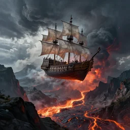 a galleon flying over mountain peaks, in a cataclysm, huge storm, rivers of lava, dramatic lighting, epic, hd, fantasy, artstation