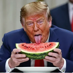 donald trump with 5 0 - foot tongue licking a watermellon