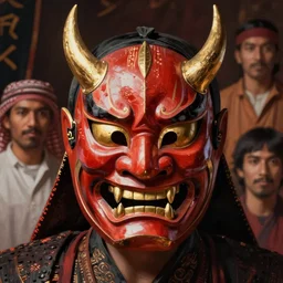 demon samurai mask on hell by john berkey, mario feng, mohamed reda