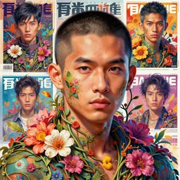 colourful vfx art - portrait of south east asian male with buzz cut hair, wrapped in flowers & vines, art by hsiao - ron cheng & james jean - presented as magazine collage style, volumetric light, colourful, sharp, detailed, digital painting, illustration, magazine collage, highly detailed, intricate detail, unreal engine, octane render, pinterest, behance, art station