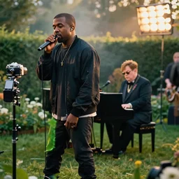 Kanye West performing a song live on a garden with Elton John playing the piano in the background, vintage camera, dreamy, atmospheric, golden hour, cinematic lighting, 8K concept art