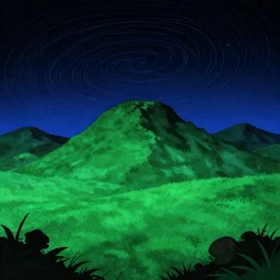 night cartoon cartoon concept art, grass mountain landscape, from sam and max, black blue green, spiral lines, medium filter